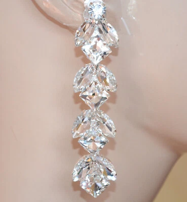 Orecchini a Clips donna argento cristalli trasparenti pendenti lunghi UAX19 - Immagine 1 di 2