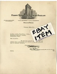 1934 letterhead FIRST NATIONAL BANK in DALLAS Texas EUGENE McELVANEY letter - Imagen 1 de 1
