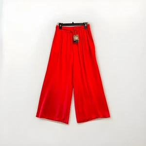 NEW M Made In Italy Womens Pants Large Red Pullon Silky Dress Palazzo - Picture 1 of 9