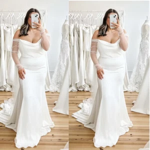 Plus Size Satin Wedding Dress Off The Shoulder Long Sleeve Train Bridal Gowns - Picture 1 of 9