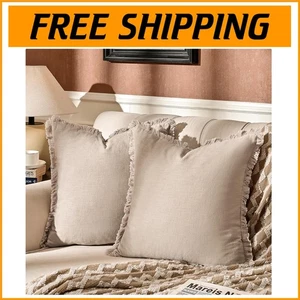 Decorative 20-Inch Linen Pillow Covers with Soft Tassel Fringe - Set of 2 - Picture 1 of 8