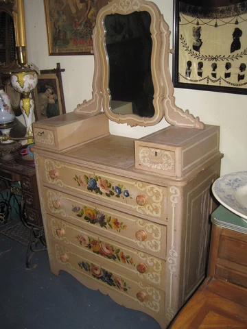 Antique Chest Of Drawers With Mirror Victorian 1880's Hand Painted With Flowers Cover