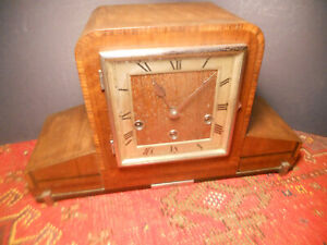 ART DECO HALLER  Antique Mantle Clock Wood Case 1930s 1940s Chimes Unrestored
