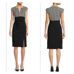 Ellen Tracy Jacquard Black White Knee Length Sheath Dress W Ruching S NWOT - Picture 1 of 13