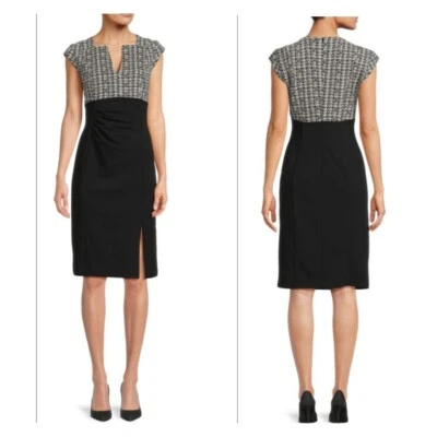 Vestido Vaina Ellen Tracy Jacquard Negro Blanco Hasta la Rodilla Con Fruncido S Nuevo Sin Etiquetas Foto 1 de 4