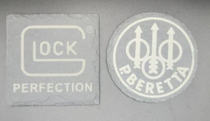 Gun Manufacture Emblem Coasters, Mancave, Groomsman, Fathers Day Set of 4, Slate - Picture 1 of 4