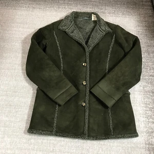 LL Bean Coat Womens Small Sherpa Lined Faux Suede Shearling Jacket Peacoat - Picture 1 of 14