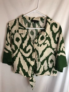 Rachel Zoe ladies tie front Top shirt crop green cream sz XL linen rayon casual - Picture 1 of 5
