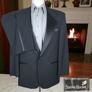 Stanley Blacker 2 Piece Tuxedo Mens 42R 34X30 Black one Button Wool - Picture 1 of 12