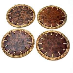 Boho Wicker Rattan Seagrass Woven Faux Leather Tiki Bar Decor Coasters Set of 4 - Picture 1 of 5