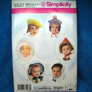 Simplicity 3537 Infant Baby Boy Girl 6 Hats Sewing Pattern Keep Warm New Uncut - Foto 1 di 2