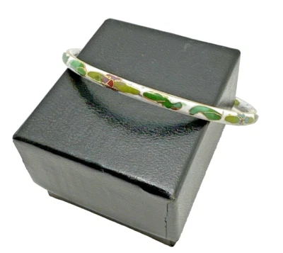 Brazalete Brazalete Floral Cloisonne Vintage Esmalte Blanco y Verde Tono Dorado 8 1/2" Foto 1 de 4