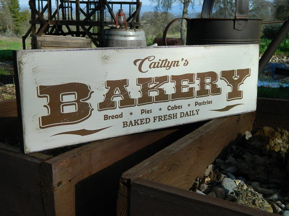 Your Name Bakery sign Distressed Primitive Country Wood Sign -  6" x 20" - Image 1 of 1
