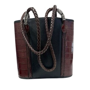Brighton Caroline bucket black/brown leather alligator tote -silver beads - Picture 1 of 9