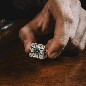 New design men gift ring, men ring with stone, Emerald round shape silver ring . - Picture 1 of 6