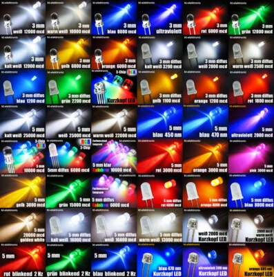 1,8mm 2mm 3mm 4,8mm 5mm LED AUSWAHL mit Widerstand klar matt auto RGB weiß - Bild 1 von 4