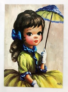 Vintage Maio Big Eye Girl Parasol Dark Eyes 1960s Framed Lithograph Innocence - Picture 1 of 4