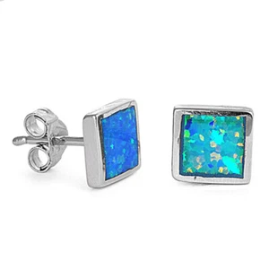 Square Earrings Blue Simulated Opal .925 Sterling Silver - Picture 1 of 2