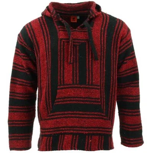 Recycled Mexican Baja Jerga Hoody Drug Rug Pullover Hoodie Red Black - Picture 1 of 6