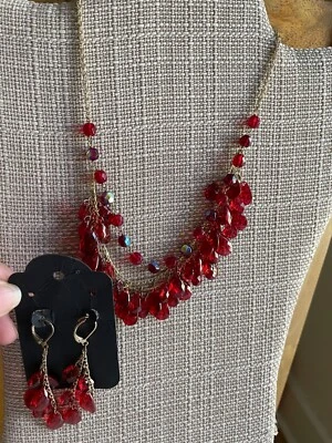 Gold Tone & Red Faceted Beaded Necklace and Pierced Earring Set – 17" Necklace - Image 1 of 4