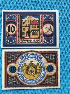 2 Mal 10 Pfennig Notgeldscheine aus Osnabrück 1921 in sehr gutem Zustand - Bild 1 von 2