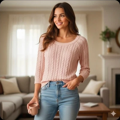 American Eagle Outfitters Pink Cable Knit Sweater 3/4 Sleeve Medium Cozy Casual - Image 1 of 4