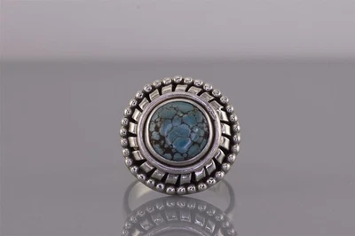 Sterling Silver 20mm Beaded Trim Blue Turquoise Shield Band Ring 925 Sz: 6 - Image 1 of 4