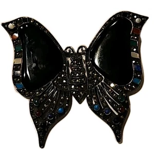 Broche de mariposa de colección prendedor plata de ley 925 múltiples piedras preciosas joyería de ónix negro  - Imagen 1 de 9
