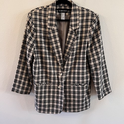 OFF WHITE Blazer donna Sag Harbor taglia 16 nero bianco sporco quadri foderato misto lino