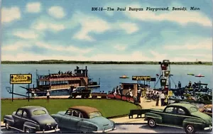 Postal Paul Bunyan Playground Bemidji Minnesota años 40 coches barco de río - Imagen 1 de 2