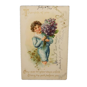 EMBOSSED THOUGHTS OF YOU RAPHAEL TUCK & SONS YOUNG BOY AND FLOWERS 1906 - Picture 1 of 2