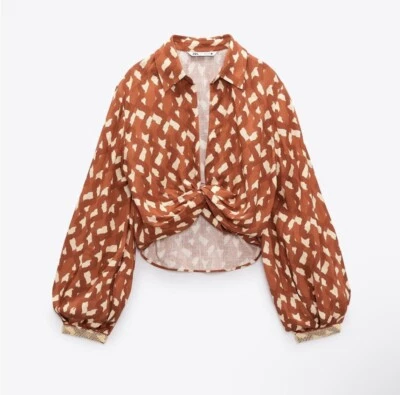 Blusa feminina Zara mistura de linho com miçangas mangas algemadas gola frontal aberta tamanho P nova com etiquetas - Imagem 1 de 4