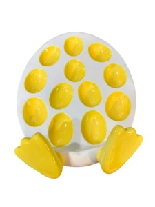BELLA CASA BY GANZ EASTER DEVILED EGG PLATE CERAMIC HOLDER WITH BIG YELLOW FEET - Picture 1 of 6