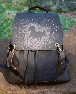 Zaino da corsa cavallo strass 16" accento pelle tela pesante nero - Foto 1 di 1