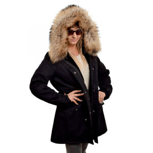 Long Black Military Parka With Raccoon Fur Hood Trim! Jacket Coat Real Fur FOX