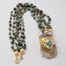 3 Rows Blue Turquoise Rice Pearl Chain Necklace Amethyst Citrine Pendant