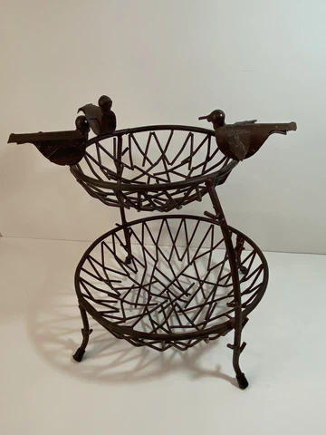 VTG Iron 2-tier Welding Birds Fruit Holder Garden Basket Décor 12" Cover