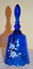VINTAGE Fenton Glass COBALT BLUE Bell, Handpainted Flowers, Signed, W/labels