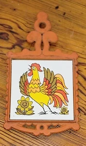 Vintage 1960's Cast Iron Kitchen Trivet Cherry Japan Groovy Rooster Tile - Picture 1 of 5