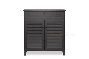 Vented Shoe Storage Cabinet Modern Espresso Brown 4 Shelves Drawer Slatted Doors - Bild 1 von 4