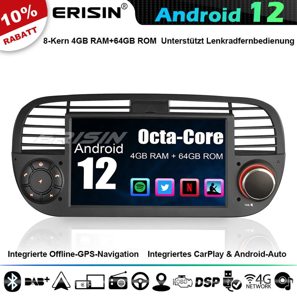 4+64GB Android 13 DAB+ Autoradio Navi Für Fiat 500 CarPlay WiFi USB TPMS DSP DTV - Bild 1 von 4