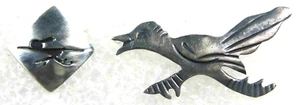 NATIVE AMERICAN STERLING Cut Out Overlay Stamped HANDMADE ROADRUNNER 2 TIE TACKS - Picture 1 of 3