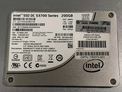 HP Intel 200GB DC S3700 SSD 2.5 SFF SSDSC2BA200G3P MK0200GCTYV HPE G8 G10 G7 G9 - Image 1 of 3