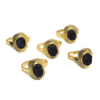Black Drusy Gold Plated Ring Combo 5 Pcs Brass Ring Adjustable Ring m696 - Image 1 of 4