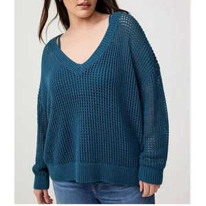 Torrid Blue Crochet open Knit V Neck Sweater boho beach teal sz 2X - Picture 1 of 7