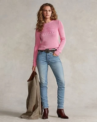 Camiseta Ralph Lauren rosa bandeira pônei algodão lavada rosa pequena - Imagem 1 de 4