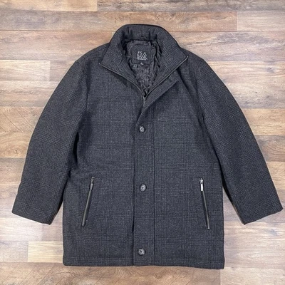 Jos A Bank Coat Mens Large Gray Plaiid Wool Blend Quilt Lined Overcoat Jacket - Image 1 of 4