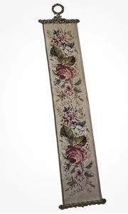 VINTAGE NEEDLEPOINT BELL PULL ROSES FLOWERS ORNATE BRASS HARDWARE BELL Ribbon - Picture 1 of 7