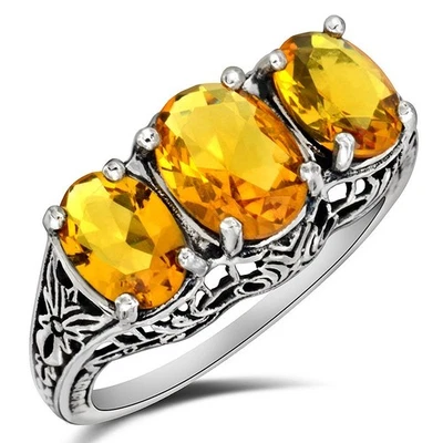 Anillo Art Nouveau de plata de ley 925 citrino dorado natural de 2 quilates talla 6 XA3-3 Foto 1 de 4