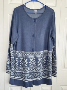 Button Front Cardigan Sweater Blue White Mid-Thigh Pockets Granny Women's Sz 10 - Picture 1 of 7